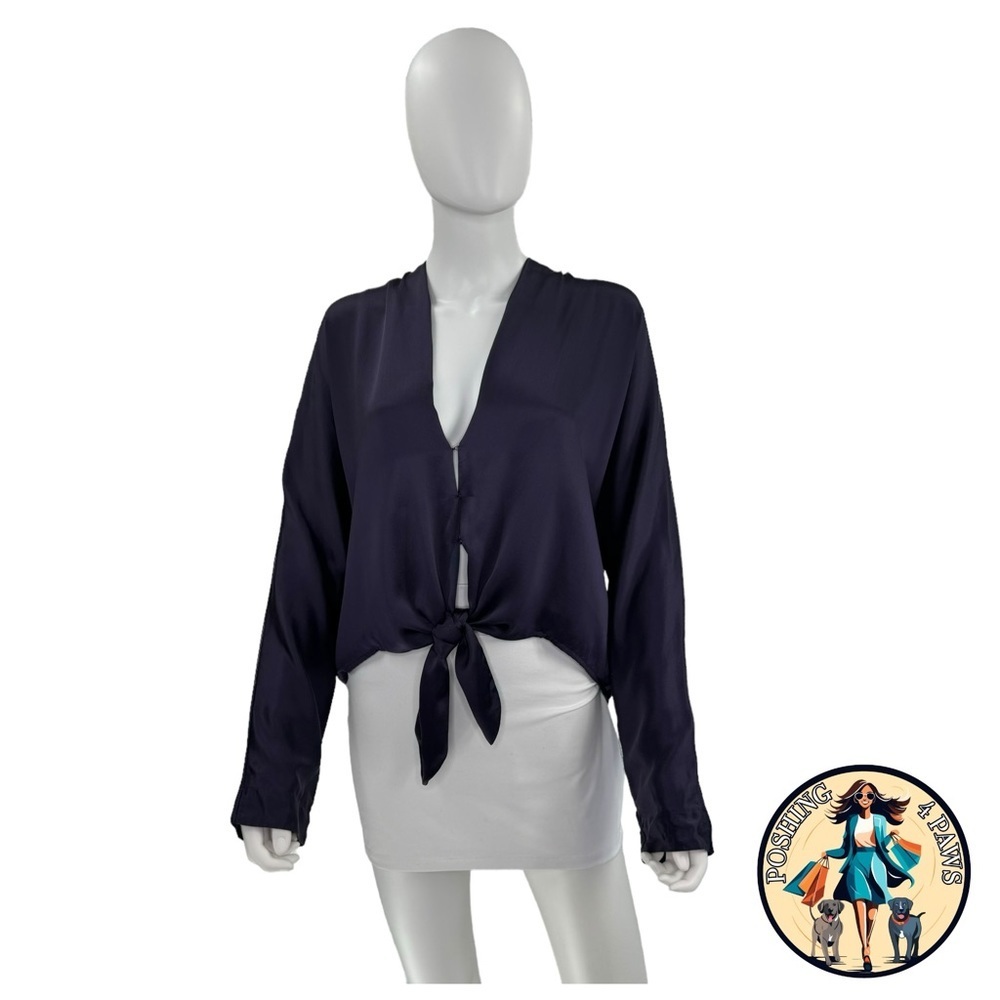 The Sei 100% Silk Long Sleeve Tie Satin Front Blouse in Fig Purple Size 10